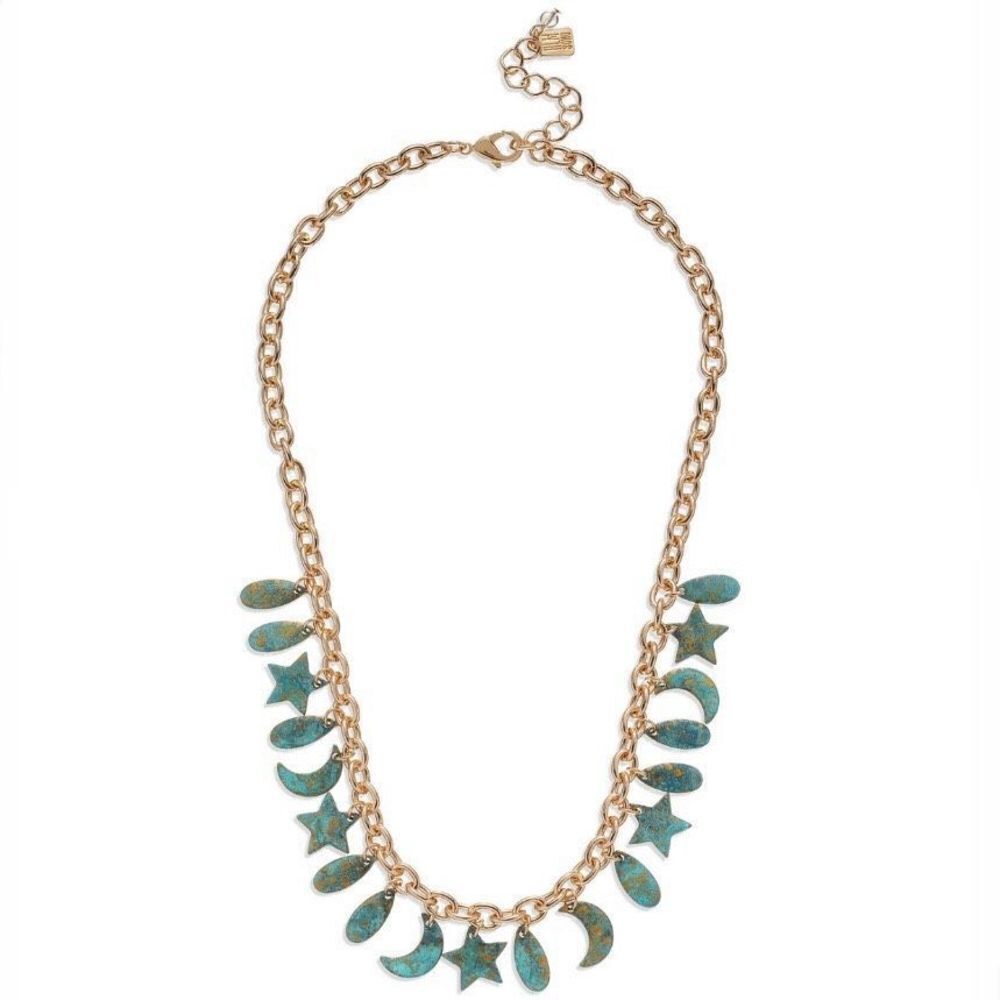 NWT Gorgeous Robert Lee Morris Soho Gold & Blue Celestial Patina Charm Necklace